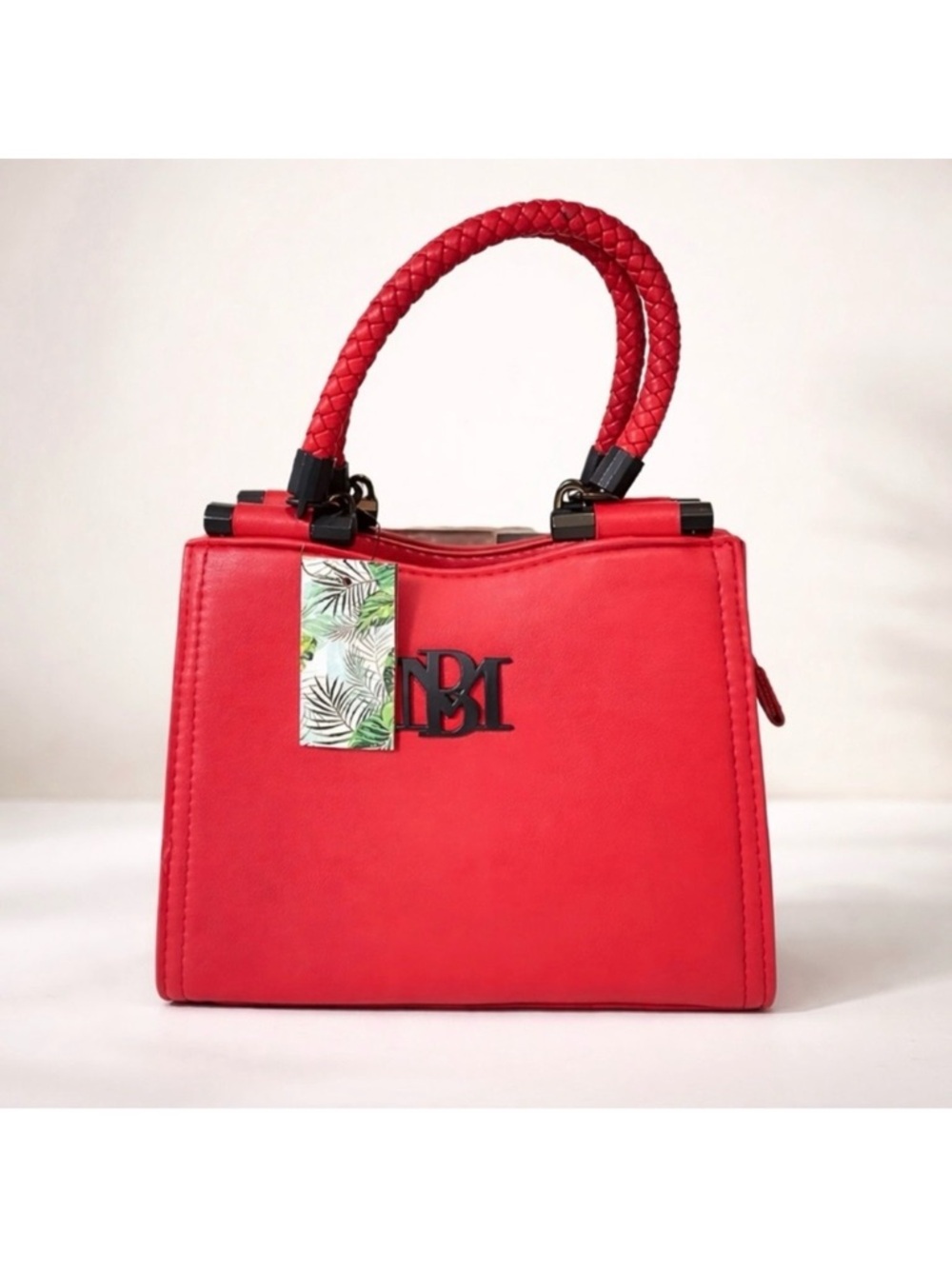 New Badgley Mischka Signature Red Braid Trim Convertible Crossbody Satchel Bag